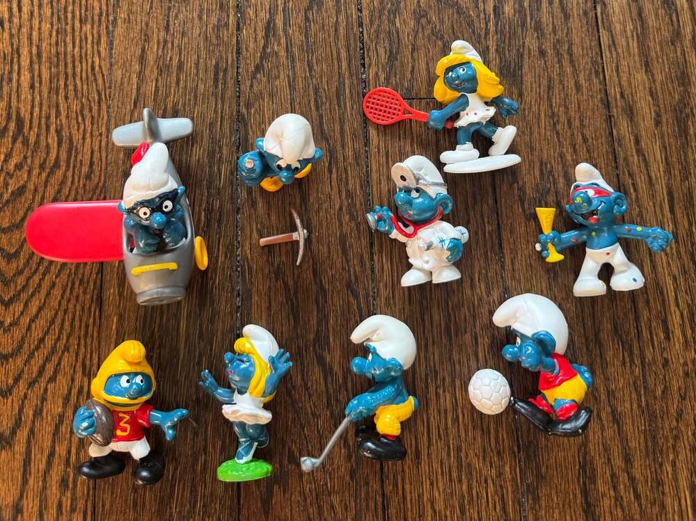 VINTAGE Smurf Figurine LOT (9 pcs) Schleich Peyo SUPER SPORTS ACCESSORIES
